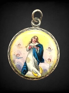 Antique Handpainted Porcelain Sterling Immaculate Conception Cherub Pendant - Picture 1 of 6