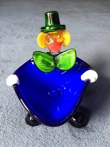 Murano Glass Candy Bowl Circus Clown Dish Hand Blown Vintage Blue Art Glass - Picture 1 of 9