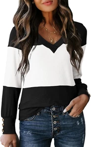 Women's Spring 2025 Color Block Long Sleeve V-Neck Casual Blouses - Picture 1 of 5