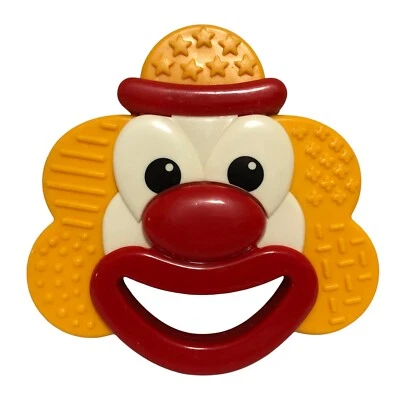 Винтажный клоун лицо зубочистка погремушка прорезывание зубов игрушка желтый красный младенца редкая - Изображение 1 из 4