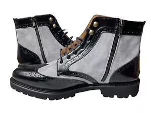Hockerty Spain Mens 2 Toned Black Leather Gray Suede Wingtip Lace Up Boots Sz 45 - Picture 1 of 16