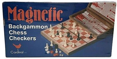 Vintage Travel Magnetic Folding Chess Checkers & Backgammon Set Vacation Fun! - Image 1 of 4