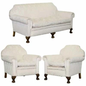 RARE VICTORIAN DAMASK UPHOLSTERY WALNUT CARVED LION PAW FEET SOFA ARMCHAIR SUITE - Picture 1 of 12