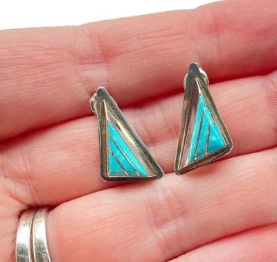 RWAJ Signed Sterling Silver 925 Turquoise Inlay Triangle Stud Earrings Vintage - Image 1 of 4