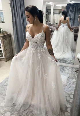 Gorgeous Wedding Dress Lace Applique Backless Spaghetti Strap Tulle Bridal Gowns - Image 1 of 3