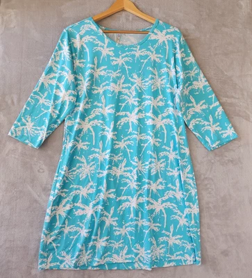 Lulu B Dress Womens Size XL Travel Stretch Knit Blue White Palm Trees UPF 50 - Image 1 of 4