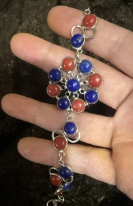 VINTAGE 925 Sterling Silver Blue Lapis And Coral  Bracelet 8  Inches - Picture 1 of 12