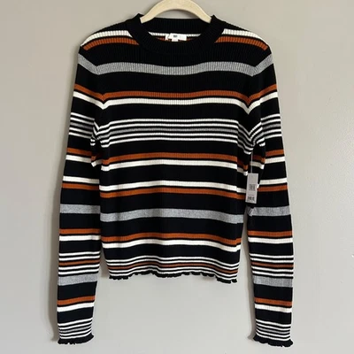Suéter BP Nordstrom Rayas Negro Naranja Top Acanalado Lechuga Borde Nuevo Talla Grande Foto 1 de 4
