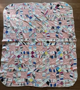 Vintage Doppel Ehering Quilt Pfirsich handgenäht gesteppt Patchwork 75”X65” (lesen) - Bild 1 von 15