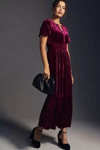 Maxi Abito Anthropologie The Somerset: Edizione Velluto in Viola Vino Taglia XXS - Foto 1 di 12