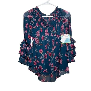 Cece Blouse Women's Medium Navy Floral Boho Lined Off The Shoulder Ruffle NWT - Picture 1 of 10