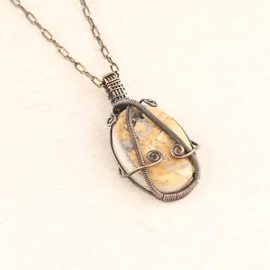 Copper Wire Wrapped Cute Honey Dendrite Opal Chain Pendant Necklace For Women - Picture 1 of 4