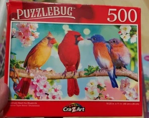 CARDINALS MEET THE BLUEBIRDS-PUZZLEBUG 500 Piece Jigsaw Puzzle 18.25”x11” - Picture 1 of 1
