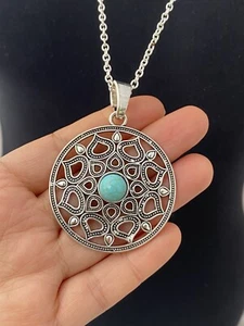 A Filigree Flower with Turquoise Resin Stone 65x48mm Charm Pendant, 30" Necklace - Picture 1 of 4