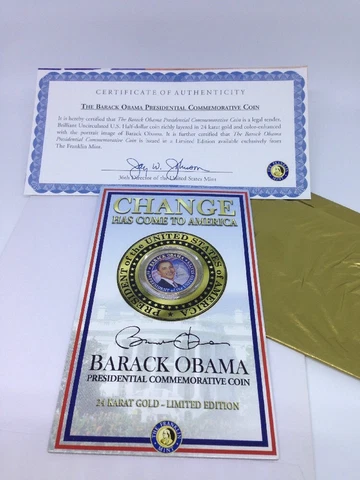 Barack Obama 2008 commemorative half dollar, Franklin Mint, 24 kt gold layered Cover