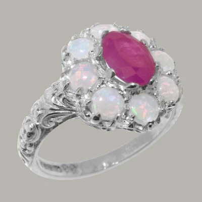 Solid 14k White Gold Natural Ruby & Opal Womens Cluster Ring - Sizes 4 to 12 - Image 1 of 4
