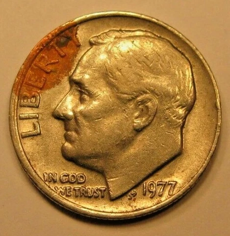 1977-P 1c Roosevelt Dime with Incomplete Lamination Error.       (#4887) Cover
