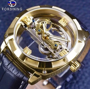 Forsining Mens Skeleton Mechanical Waterproof Luxury Watch Leather Hollow - Picture 1 of 7