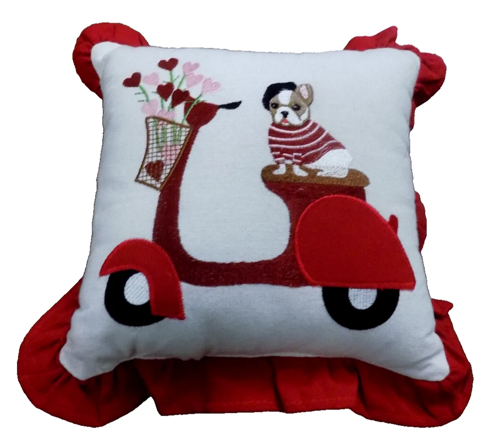 ADORABLE pillow Dog PUG w beret on Scooter flowers embroidered polka dot ruffles - Image 1 of 4