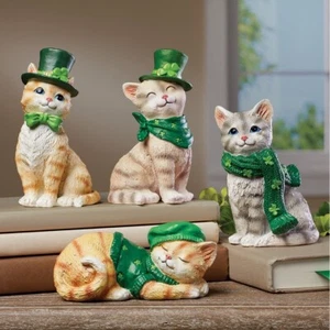 Set of 4 St. Patricks Day Irish Shamrock Kitten Cats Figurine Statue Table Decor - Picture 1 of 5