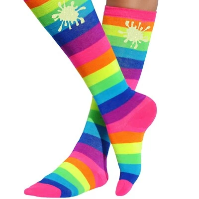 Slime Knee High Socks Neon Rainbow Striped Girls Long Socks Kids Footwear  - Image 1 of 4