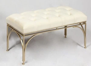 Tufted button seating bench with Gold metal legs -Cream White 80x36x42 - Picture 1 of 24