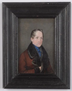"Porträt eines Herrn im Wintermantel", feine österreichische Miniatur, 1830/40er Jahre - Bild 1 von 6