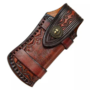 Hand Made Carved Cow Leather Sheath For 4.7" Folding Knife Cover Pouch Belt Clip - Picture 1 of 12