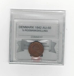1842 Denmark, 1/2 Rigsbankskilling, Coin Mart Graded**AU-50** - Picture 1 of 2