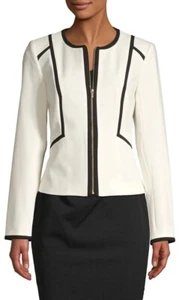 Calvin Klein Women's Piped Zip Front Jacket White Size 6 Black Trim - Picture 1 of 14