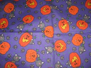 Halloween Fabric Pumpkins JACK-O-LANTERNS Black Cats 5 Yards Purple Cotton - Picture 1 of 12