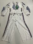 Farm Rio Women’s Off-White Navy Embroidered Linen Jumpsuit Beaded Size S Nwt