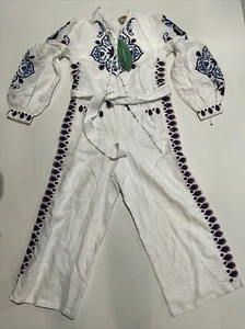 Farm Rio Women’s Off-White Navy Embroidered Linen Jumpsuit Beaded Size S Nwt - Picture 1 of 12