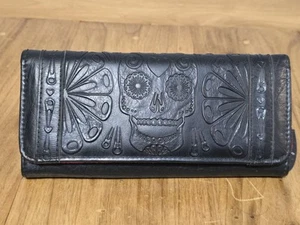 Loungefly Sugar Skull Black Simulated Leather Embossed Tri-fold Wallet - Picture 1 of 13