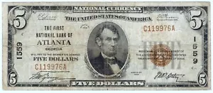1929 $5 Type 1 Atlanta, Georgia National Bank Note ☆☆ Fr#1800-1 ☆☆ 976 - Picture 1 of 2