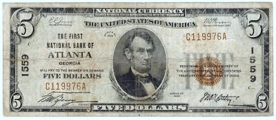 1929 $5 Type 1 Atlanta, Georgia National Bank Note ☆☆ Fr#1800-1 ☆☆ 976 - Image 1 of 2