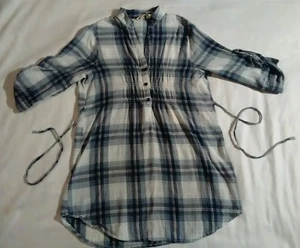 Blue white yellow gray black flannel blouse top shirt front button string  tie - Picture 1 of 10