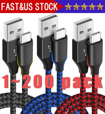 编织 USB C Type-C 快速充电数据 SYNC 充电器电缆线 3/6/10 英尺 批量 — 第 1/4 张图片