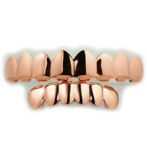 18K Rose Gold Plated Hip Hop Grill STAINLESS STEEL 8 Top 6 Bottom Tooth GRILLZ - Imagen 1 de 6