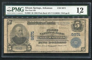 1902 $5 THE FIRST NB OF SILOAM SPRINGS,AR NATIONAL CURRENCY CH.#9871 PMG FINE-12 - Picture 1 of 2