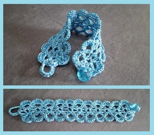 Braccialetto uncinetto pizzo celeste azzurro lucido glitter pietra realizz mano - Foto 1 di 1