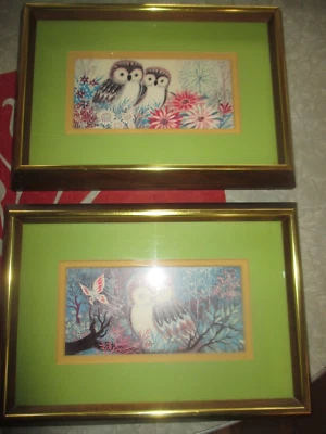 PAR de BÚHOS Y FLORES de colección enmarcados ARTE DE PARED/IMÁGENES/IMPRESIONES - AÑOS 70 Foto 1 de 4