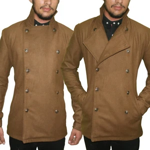 Klassischer zweireihiger Marine Pea Mantel aus Wollmischung für Herren - Bild 1 von 14