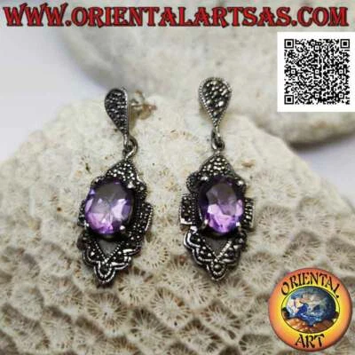 Orecchini Argento 925‰ ametista naturale incastonata su montatura con marcassite - Immagine 1 di 4