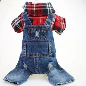 NEW Denim Plaid Jumpsuit With Hoodie Pet Puppy Cat Dog Jean 4 Colors Jacket 2025 - Picture 1 of 22