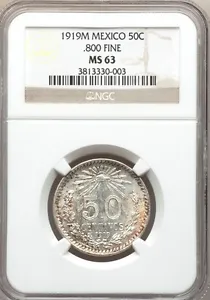 MEXICO ESTADOS UNIDOS 1919 50 CENTAVOS COIN CERTIFIED UNCIRCULATED NGC MS-63 - Picture 1 of 4
