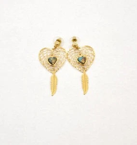 2 3/8" Gold-P Southwestern Heart Dream Catcher Earrings Gold Foil Turquoise Chip - Picture 1 of 3