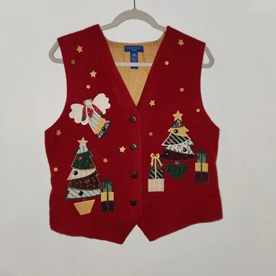 Chaleco De Colección Karen Scott Deportivo Navidad M Años 90 Y2K Tacky Feo Suéter Apliques Defecto Foto 1 de 4
