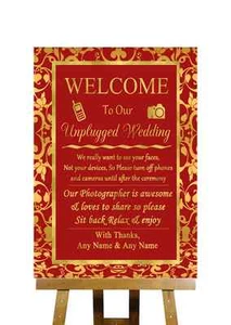 Red And Gold Unplugged Wedding No Phones Personalised Wedding Sign - Picture 1 of 8