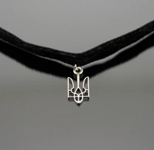 Silver Tryzub Choker Velvet Ribbon Chokers Ukrainian Emblem Pendant for Women - Picture 1 of 8